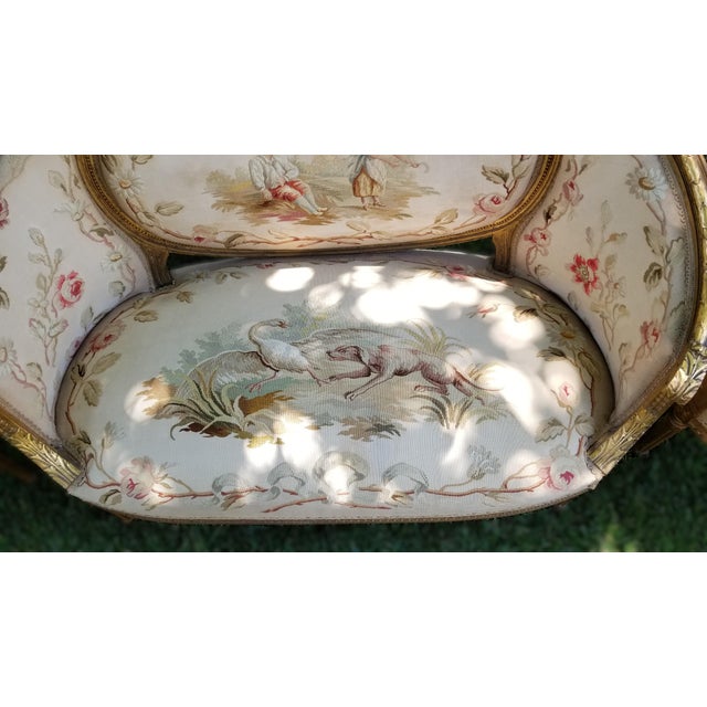 Late 19th C. Louis XVI Revival Giltwood Aubusson Tapestry Salon Suite | Canapé & Four Fauteuils For Sale - Image 9 of 18