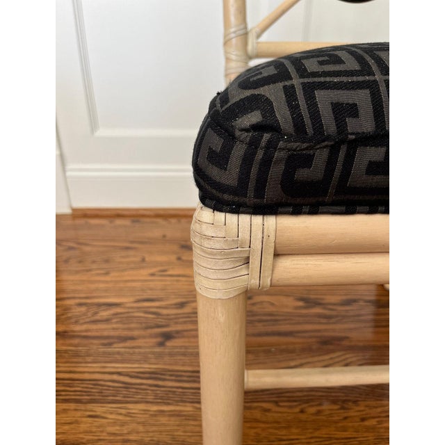 Black 1980s McGuire Rattan Target Back Chairs with Thibaut Greek Key Upholstery, Set of 4. For Sale - Image 8 of 8
