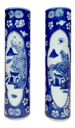 Early 20th Century Chinese Porcelain Blue and White Bird & Flower Bud Vases - a Pair