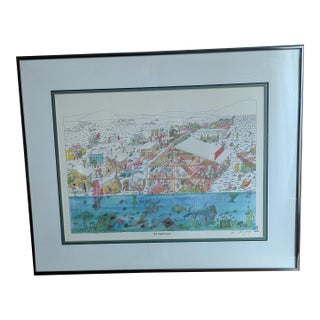 1987 Pencil Signed Bruce Johnson Whimsical Ice Fishing Print "The Augernauts" Framed For Sale