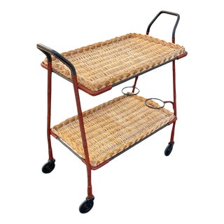 Stitched Leather and Rattan Bar Cart by Jacques Adnet, 1950s For Sale