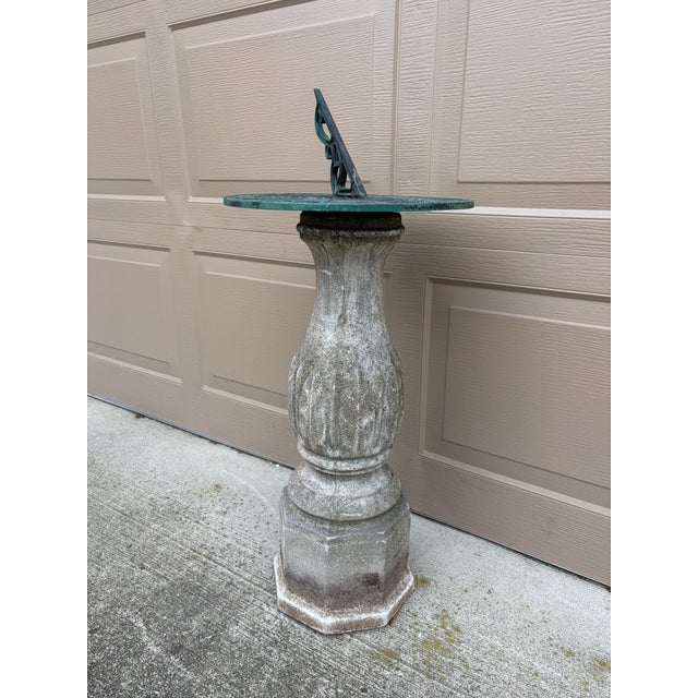 French Country Vintage English Country Classical Verdigris Iron Garden Sundial on Pedestal For Sale - Image 3 of 12