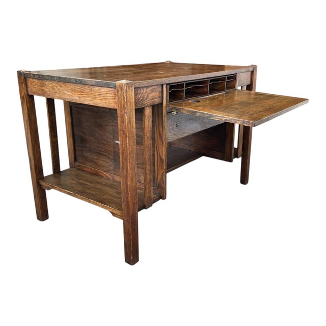 Restored Antique Mission Oak Drop-Leaf Writing Desk, C. 1920s For Sale - Image 14 of 15