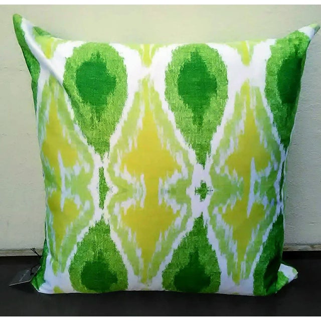 2010s Contemporary Ikat White-Yellow-Green Decorative Pillow Cover- 22" For Sale - Image 5 of 5