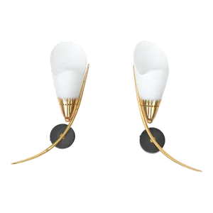 Maison Lunel Mirror Image Sconces Brass Steel & Opaline Shade France 1960 - Pair