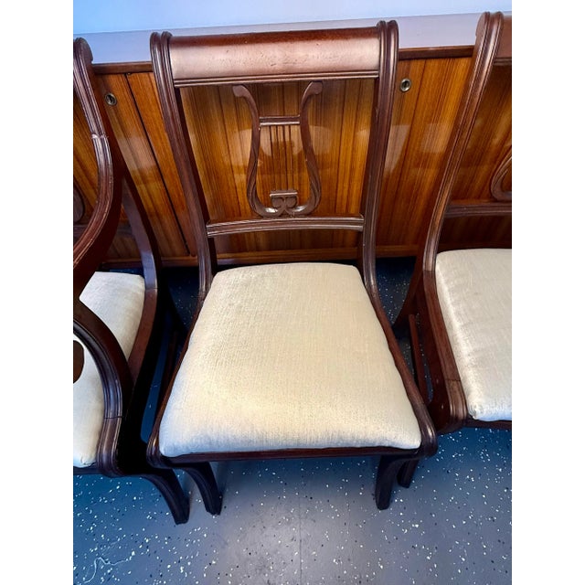 Wood 1940's Reupholstered Mahogany Kilsmos Lyre Back Dining Chairs (6) For Sale - Image 7 of 11