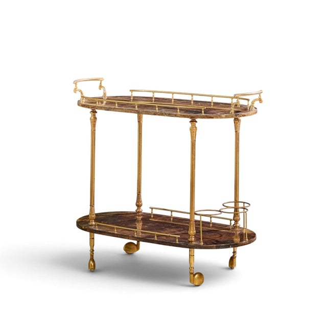 Mid-Century Modern Aldo Tura Mid Century Italian Lacquered Goatskin and Brass Bar Cart For Sale - Image 3 of 10