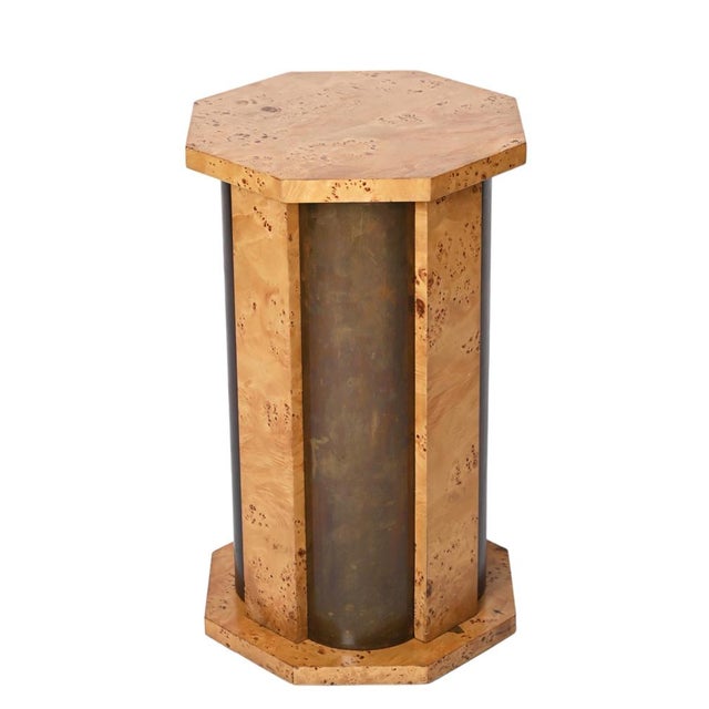 Octagonal Pedestal in Burl Wood and Brass by Tommaso Barbi, Italy, 1970s For Sale - Image 13 of 18