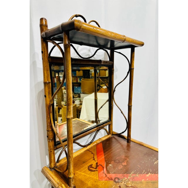 Chinoiserie 1910s Antique Scorched Bamboo & Grasscloth Mirrored Cabinet For Sale - Image 3 of 7