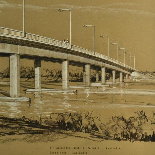 1950s Gibb, Architectural Drawing of Smithtown Bridge, Australia, 1950s, Charcoal & Crayon For Sale - Image 5 of 9