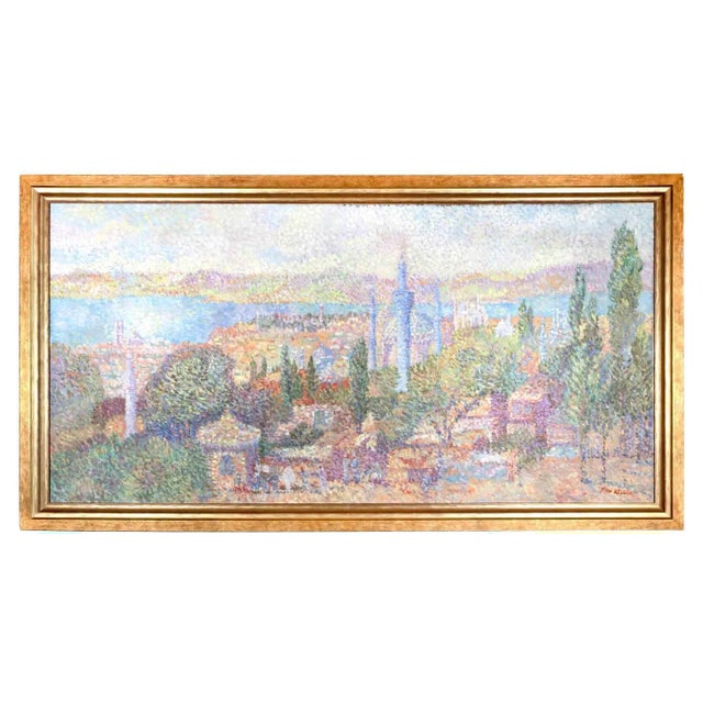Stan Reszka, Pointillist View of Istanbul, Oil on Canvas, 1951 For Sale