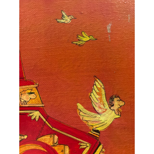 Pair of Vintage Post Modern Signed 1972 Whimsical Folk Paintings on Stretched Canvas – Fire Truck & Marching Band (Pair For Sale - Image 14 of 18