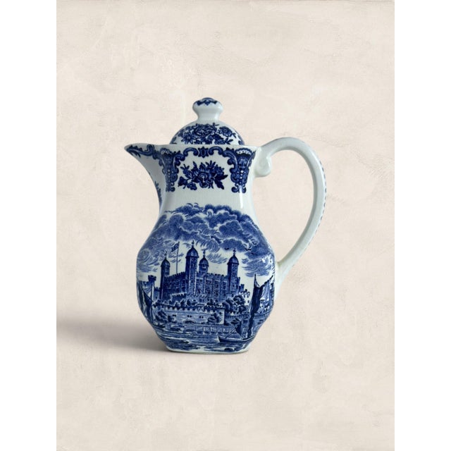 Blue Antique English Wedgewood Tower of London Blue & White Transferware Coffee Pot For Sale - Image 8 of 8