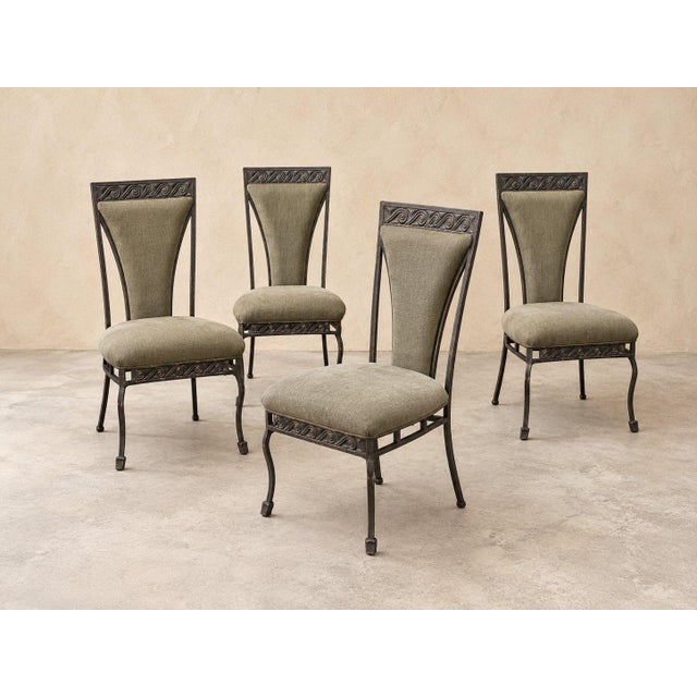 Late 20th Century Vintage Sage-Green-Dining-Chairs Set of 4 | Wrought Iron Scroll Back Upholstered For Sale - Image 5 of 6