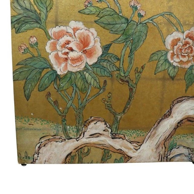 Gold Vintage Japanese Gilt , Figural & Floral Hand Painted 3-Panel Screen C1940 For Sale - Image 8 of 14