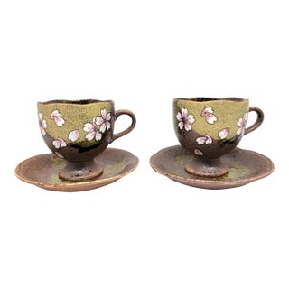 1980s Kutani Earthenware Cherry Blossoms Teacups & Saucers Set- 4 Pieces For Sale