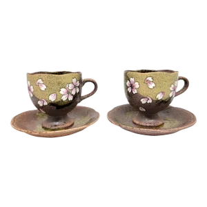 1980s Kutani Earthenware Cherry Blossoms Teacups & Saucers Set- 4 Pieces