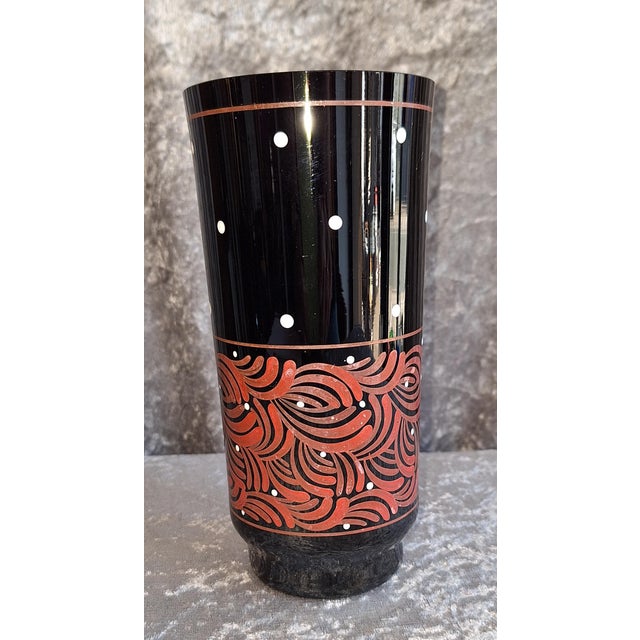 1930s Art Deco Vase with White and Red Hand-Painted Decoration on Black Glass, 1930s For Sale - Image 5 of 5