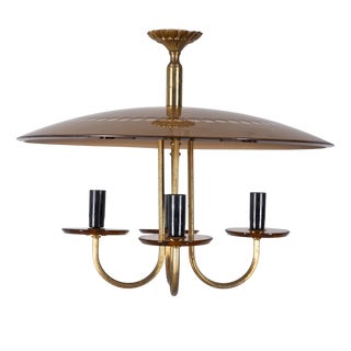 Italian Brass and Pink Glass Chandelier, 1950s For Sale