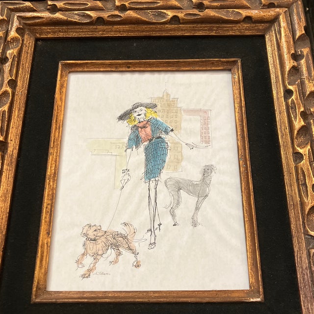 Original 8 x 10 ink drawing/watercolor on paper signed bottom left Overall size with vintage frame with wide velvet liner...