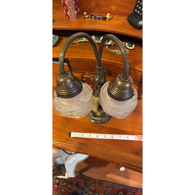 Vintage Art Nouveau Double Gooseneck Lamp - White Frosted Rose Shades For Sale In Washington DC - Image 6 of 9