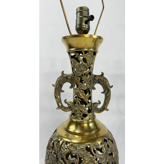 Mid 20th Century Vintage Reticulated Brass Filigree Table Lamps, Pair For Sale - Image 5 of 9