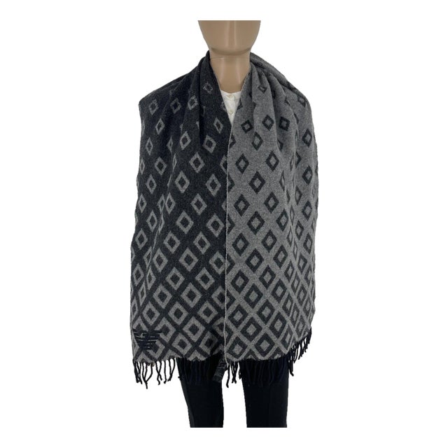 Emporio Armani Dark Grey Printed 50% Wool 50% Cashmere Scarf For Sale