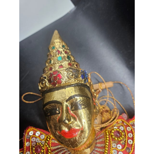 Vintage Thai Burmese Wooden Puppet, Ornate Marionette String Puppet Gold 16x12” For Sale - Image 4 of 4
