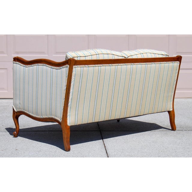 Vintage French Louis XV Style Settee Solid Carved Wood Frame With Striped Upholstery - Circa 70s For Sale - Image 4 of 16