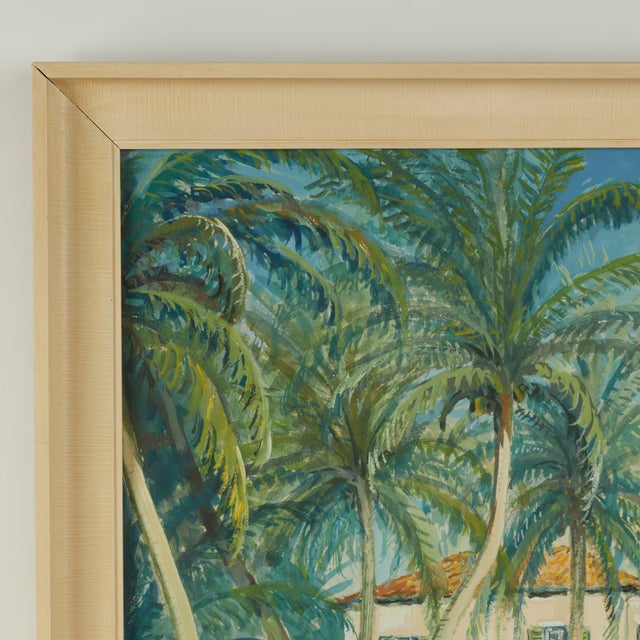 Transporting oil painting on board of a house in a tropical setting as seen by the artist on a sunny day, executed in an...