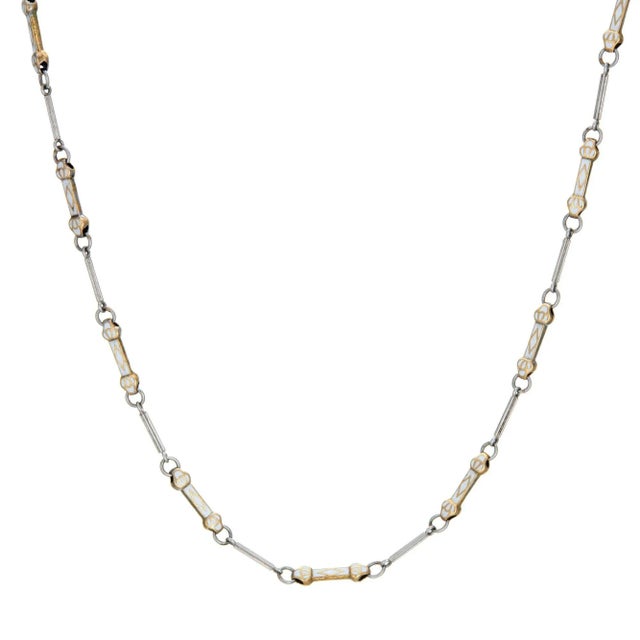 Early 20th Century Vintage Art Deco White Enamel Necklace Platinum Fob Chain For Sale - Image 4 of 4