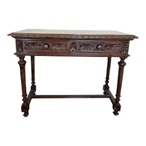 19th Century Antique French Renaissance Revival Craved Walnut and Marble Side Table or Desk