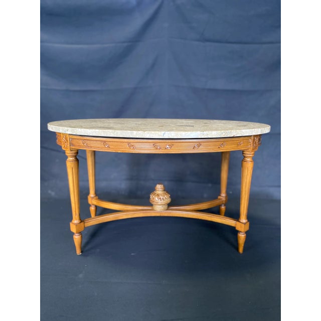 French French Louis XVI Style Marble Top Carved Walnut Coffee Table For Sale - Image 3 of 11
