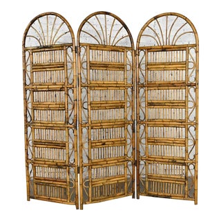 Vintage Hollywood Regency & Organic Modern Rattan 3 Panel Folding Screen Arch Tops For Sale
