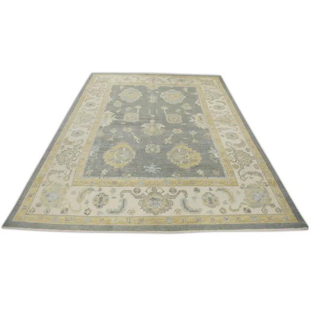 Turkish Oushak Rug Gray & Yellow Floral Design Handwoven Wool 7'11" X 10'2" Elevate your space with the timeless charm of...
