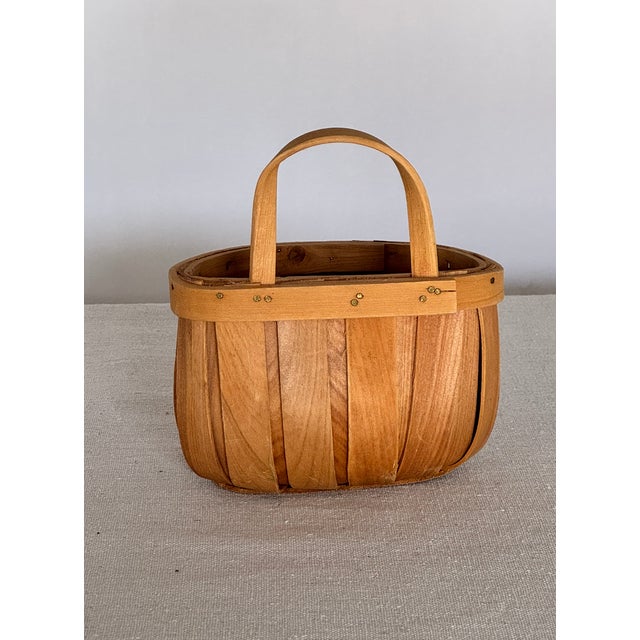 American Mid 20th Century Vintage American Woven Slat Bentwood Basket With Wooden Handle For Sale - Image 3 of 5