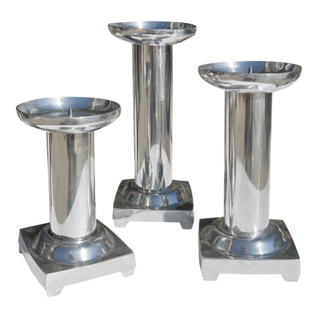 Set of Three Vintage Pewter Silver Candle Holders For Sale