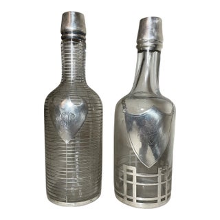 Pair Antique Ornate Sterling Silver Overlay Glass Liquor Claret Decanter Bottle For Sale