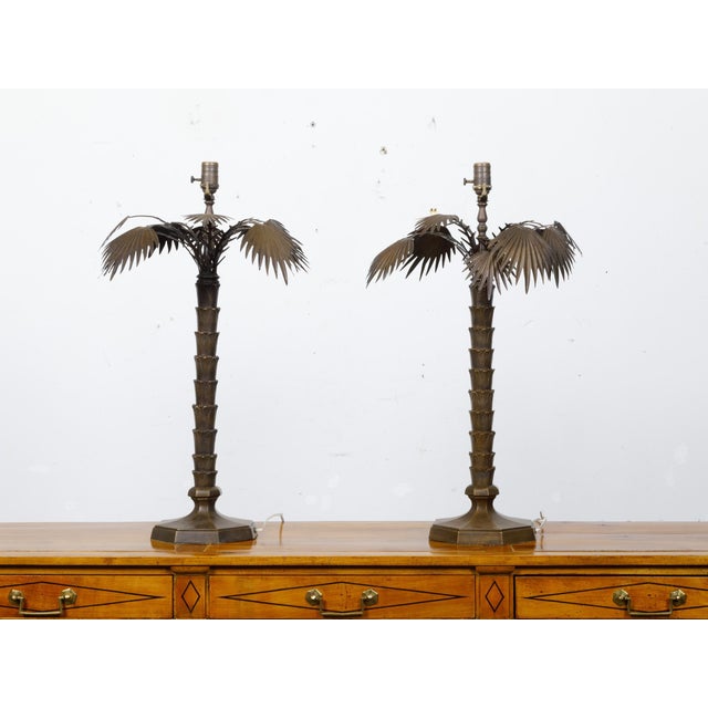 Pair of French 1920s Bronze Palm Tree Table Lamps on Octagonal Bases, USA Wired For Sale - Image 4 of 11