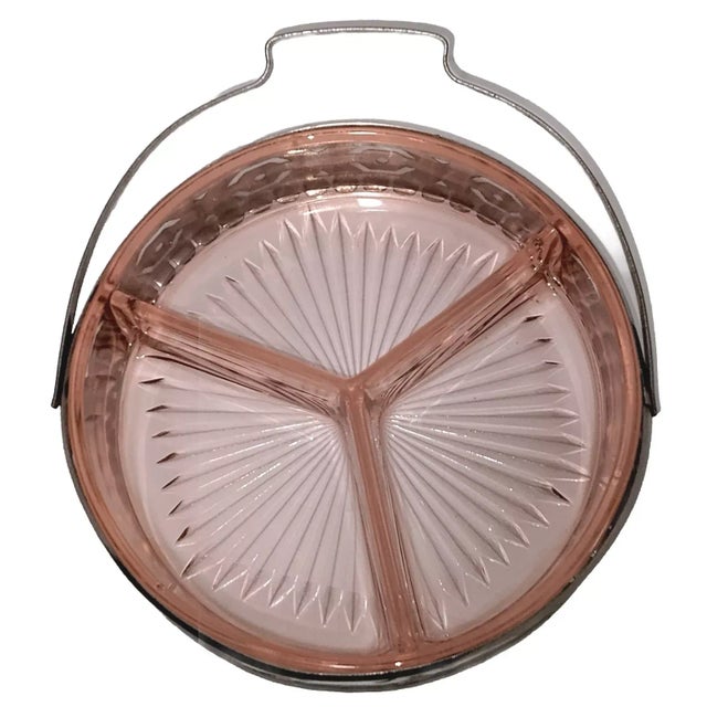 Traditional 1930s Vintage Pink Depression Glass Divided Tray With Metal Handle for Hors D'oeuvres, Relish Dish or as a Candy Dish For Sale - Image 3 of 12