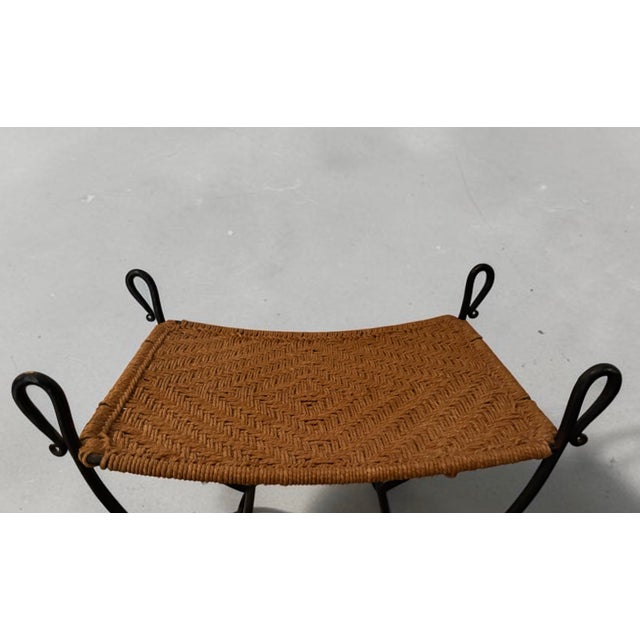 French Mid-Century French Woven and Iron Low Stool in the Style of Audoux Minet For Sale - Image 3 of 3