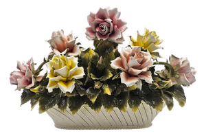 VTG Large Italian Porcelain Rose Bouquet Basket Centerpiece Capodimonte 22.5”