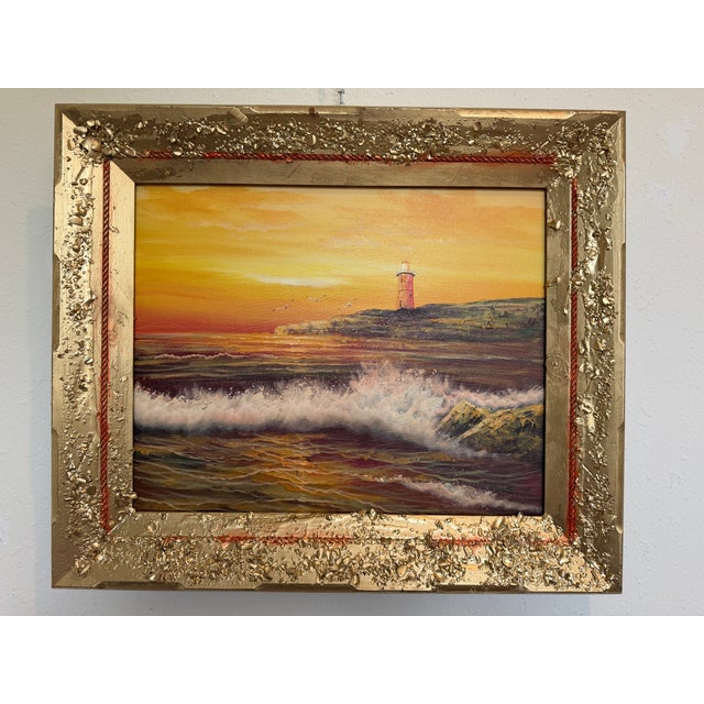 Orange Vintage Oil Painting Lighthouse Sunset Seascape Coastal Art Unique Shell Decor For Sale - Image 8 of 11