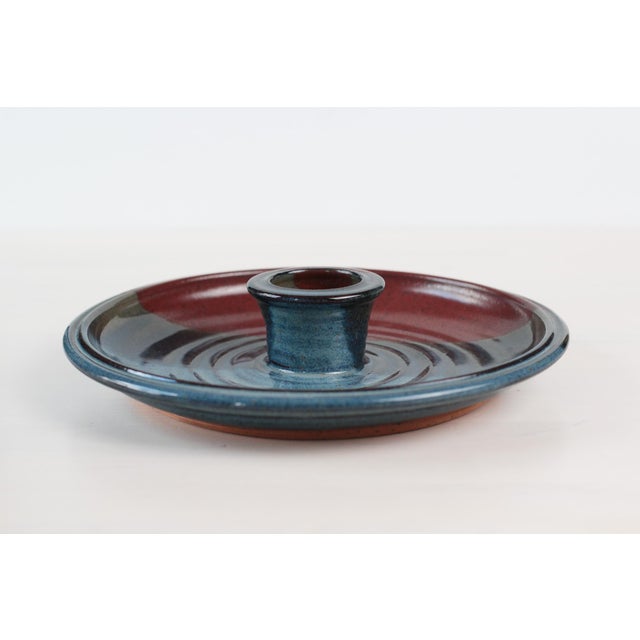Vintage hand-thrown studio pottery stoneware serving platter featuring an integrated center well – perfect for collecting...