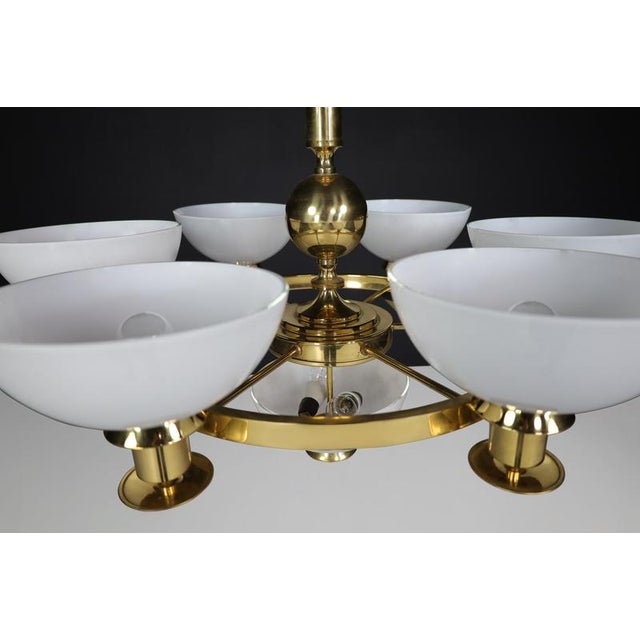 Sculptural Italian Chandelier in Brass & Opaline Glass, 1970s For Sale - Image 9 of 16
