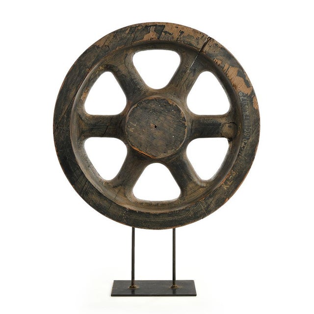 Wooden Wheel on Iron Base For Sale - Image 4 of 4