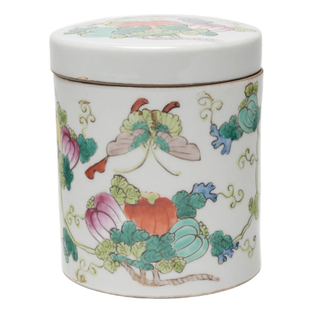Chinese Famille Rose Butterfly & Gourd Tea Leaf Jar, C. 1920 For Sale