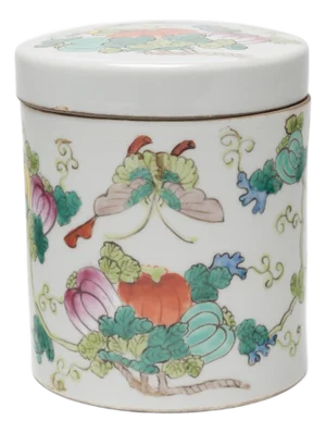 Chinese Famille Rose Butterfly & Gourd Tea Leaf Jar, C. 1920