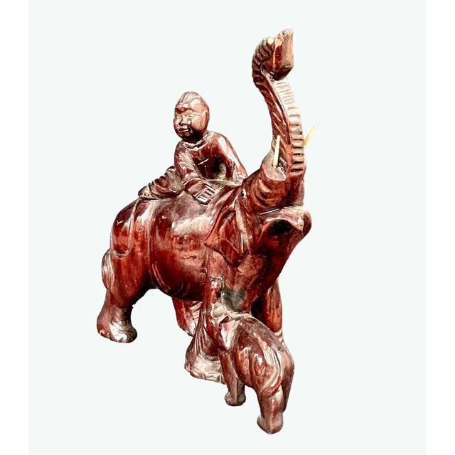 Vintage Rosewood Elephant Carving – Asian Hand-Carved Figurine – Lucky Elephant With Calf & Child For Sale - Image 4 of 10