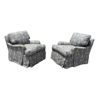 Lee Jofa Roll Arm Tilt Swivel Lounge Club Chairs, Hand Made in America, a Pair For Sale